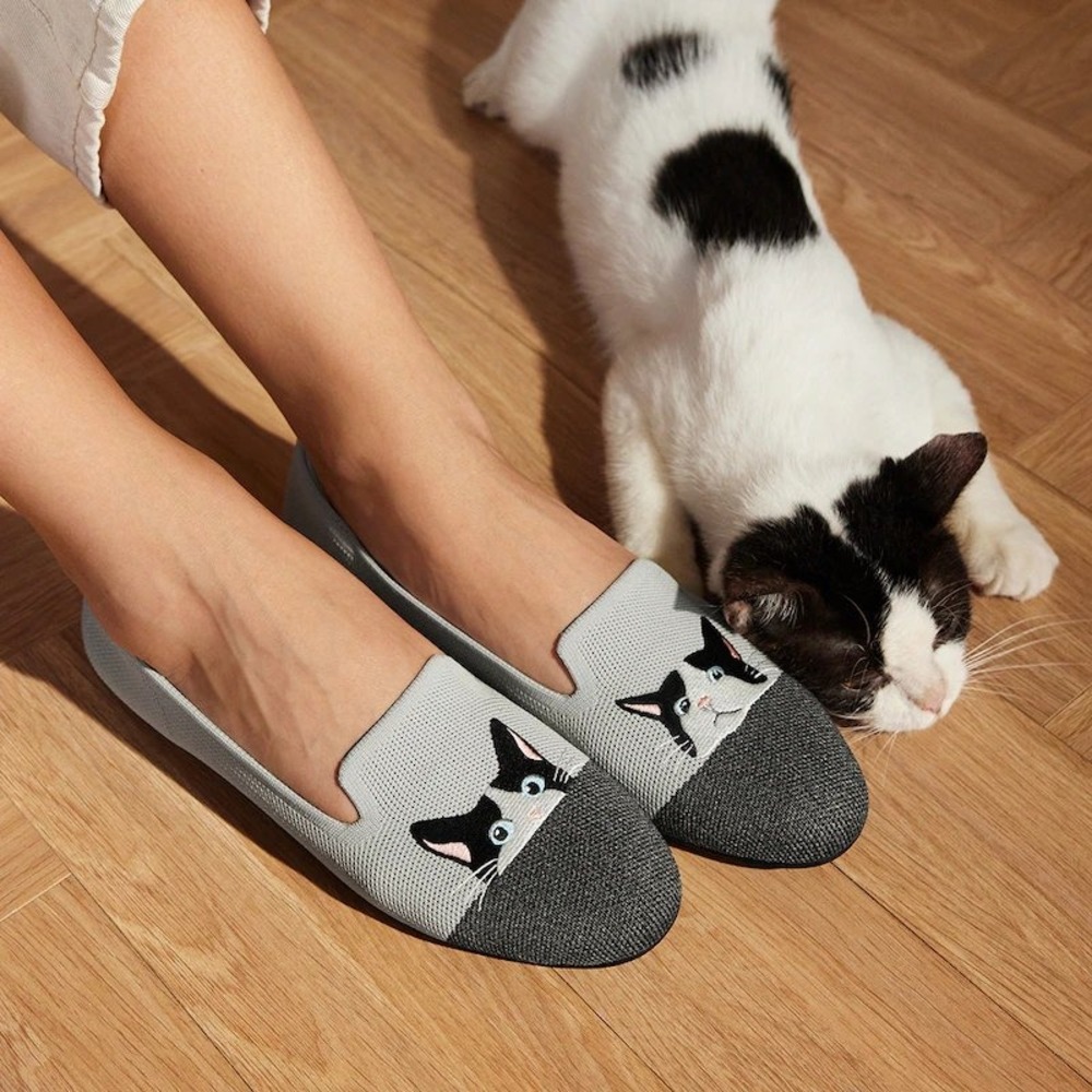 Vivaia Audrey Moo Cat Knit Loafers Oyster Rich Grey Flats EU 37.5 US 7